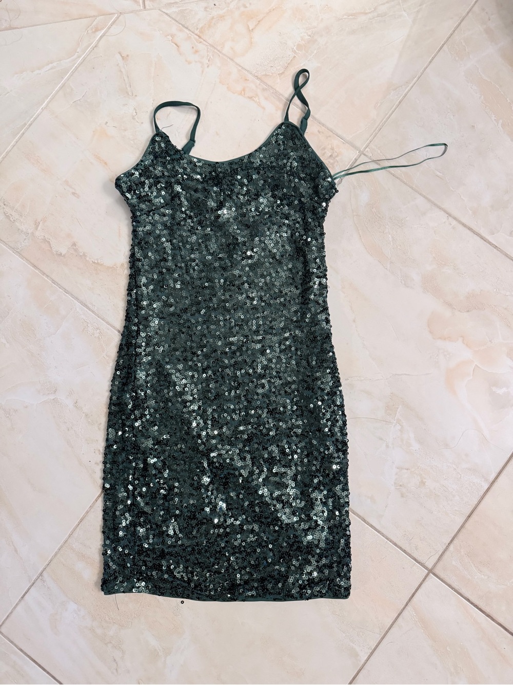 Sequined Forest Green Slip Dress with Spaghetti Straps